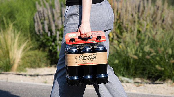 Person holding a multi pack of Coca cola bottles